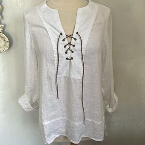 Adrienne Vittadini Linen Peasant Blouse w/suede front lace up v-neck SizeMedium